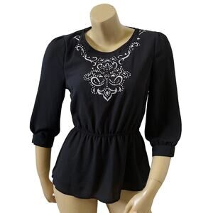 Daytrip Peasant Blouse Womens Small Black White Embroidered Cutout Boho Top
